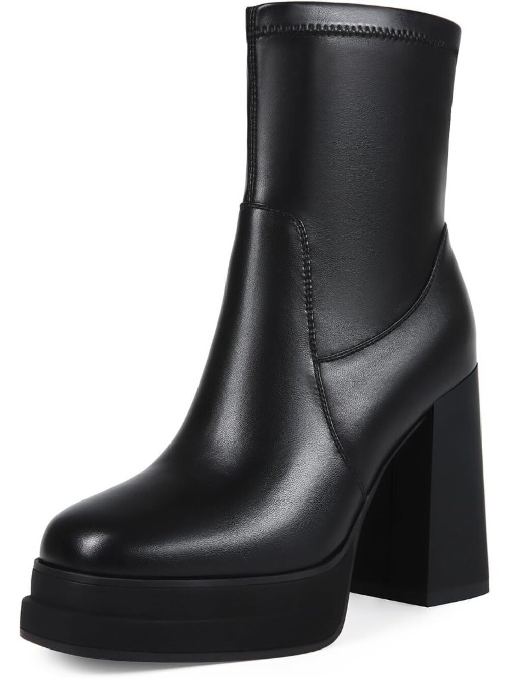 Women's Black Comfortable Round Toe Chunky Block Heel Platform Ankle Booties